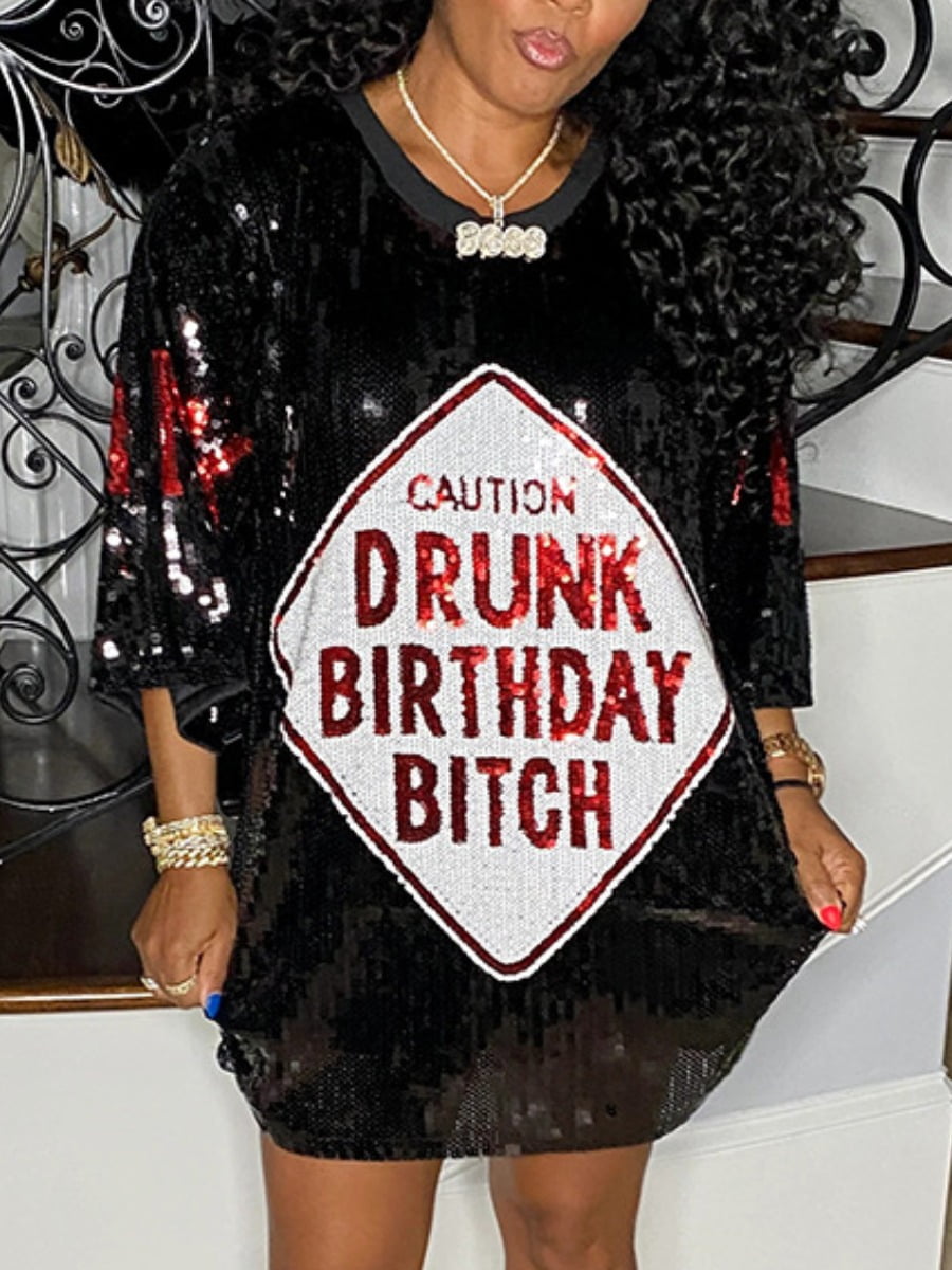 LovelyWholesale Women's Sparkle Sequin Letter Stripe Heart Plaid Geometric  Print Loose Round Neck T Shirt Dress It's My Birthday Glitter Party  Clubwear - Walmart.com