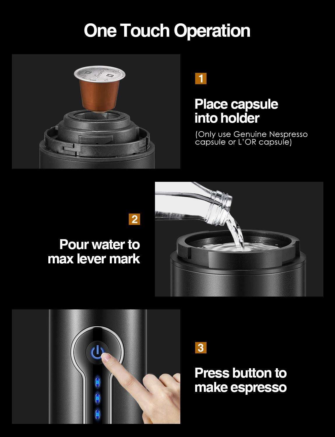 Cafetera portátil CONQUECO: máquina de café espresso de viaje de 12V,  batería recargable de presión de 15 bar Calentando agua para acampar