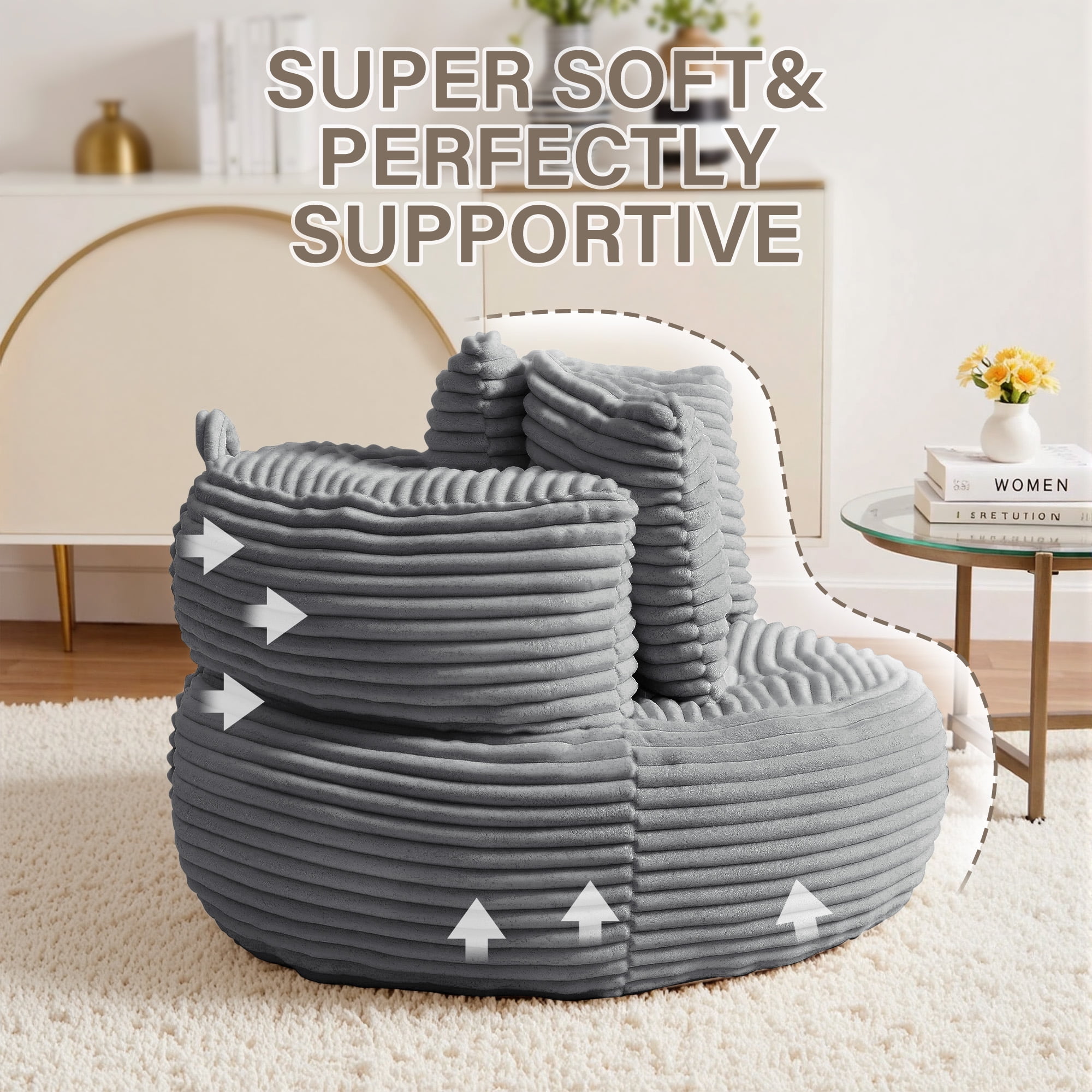 YINIX Oversized Bean Bag Chair with Backrest and Cushion, Cozy Round Floor Sofa for Living Room, Gray