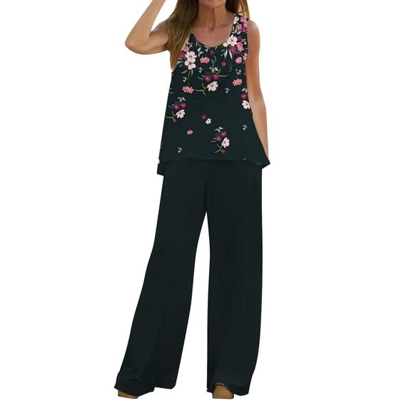 JDEFEG Pant Suits for Women Dressy Party Women 2 Piece Outfits Boho Casual Printed Vest Sleeveless Top Loose Wide Leg Pants Trousers Two Piece Set Suit Ladies Dress Suits for Work Pink Size Xxl
