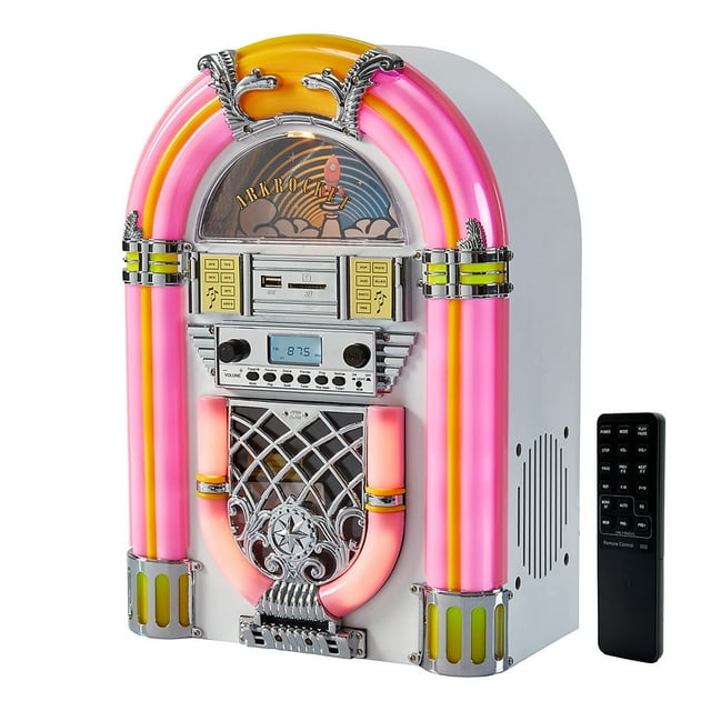 Arkrocket Athena Mini Jukebox / Lecteur CD de Table / Haut-Parleur Bluetooth / Radio / Lecteur de Cartes USB et SD avec Système d'Éclairage LED Rétro (Rose Blanc)