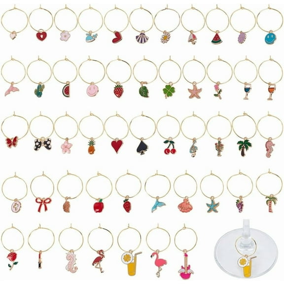 50Pcs Wine Glass Charms with 50Pcs Hoops Unique Drink Markers Assorted Drink Identifiers Mixed Style Wine Charms Accessories