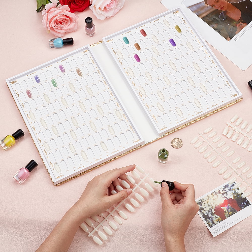 216 Colors Glod Nail Display Chart Nail Color Swatches with 480pcs 2 Style False Nail Tips Salon Nail Sample Tool for Nail Painting PracticeDIY
