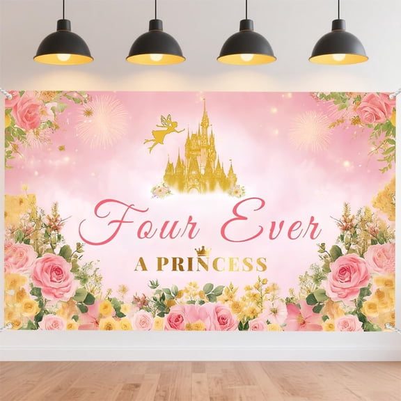 Four Ever A Princess Banner 70×43 Inch 4th Birthday Party Banner Wall Backdrop with Flower Castle Sparkling Fireworks Indoor Outdoor