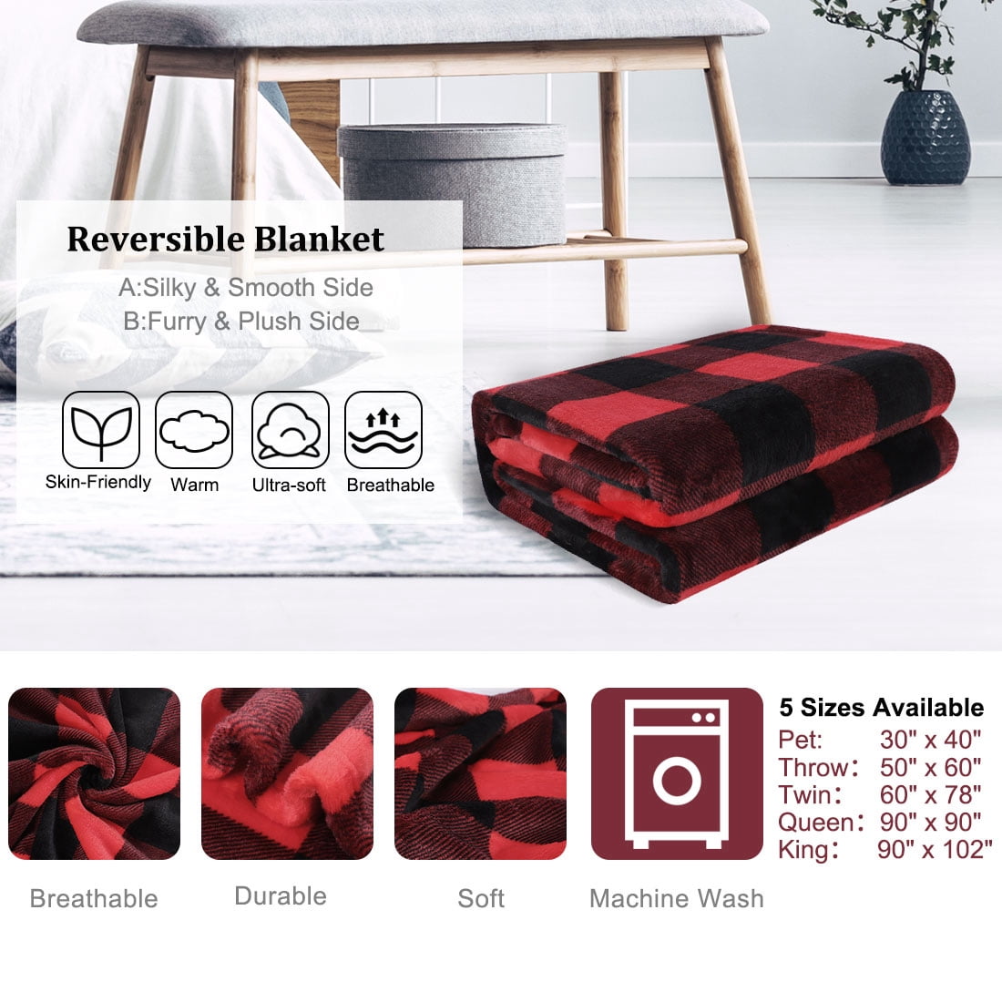 Plaid Soft Plush Fleece Blanket for Sofa Couch Bed, 50" x 60", Scarlet+Black