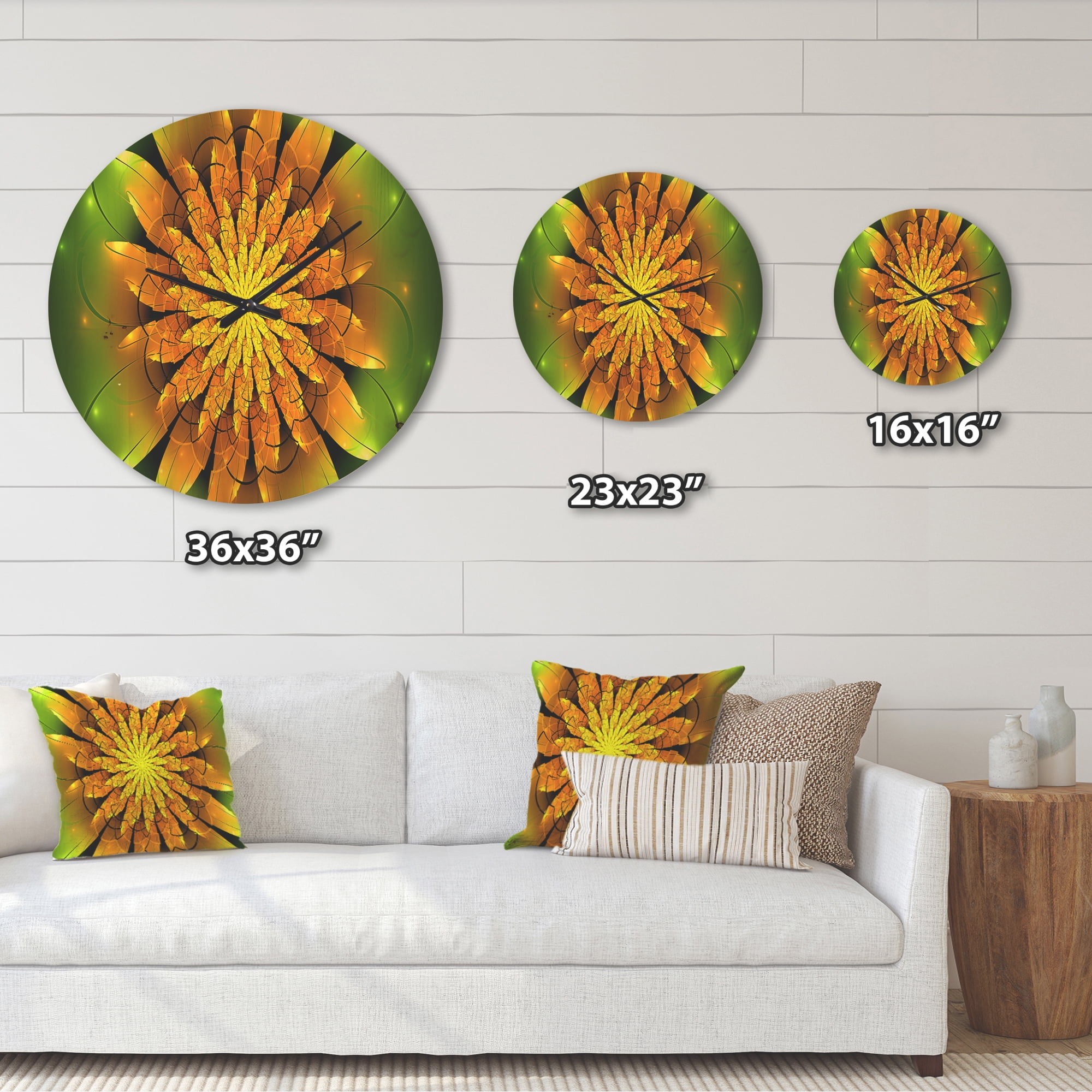 Designart 'Fractal Bright Yellow Flower on Green ' Modern Wood Wall Clock