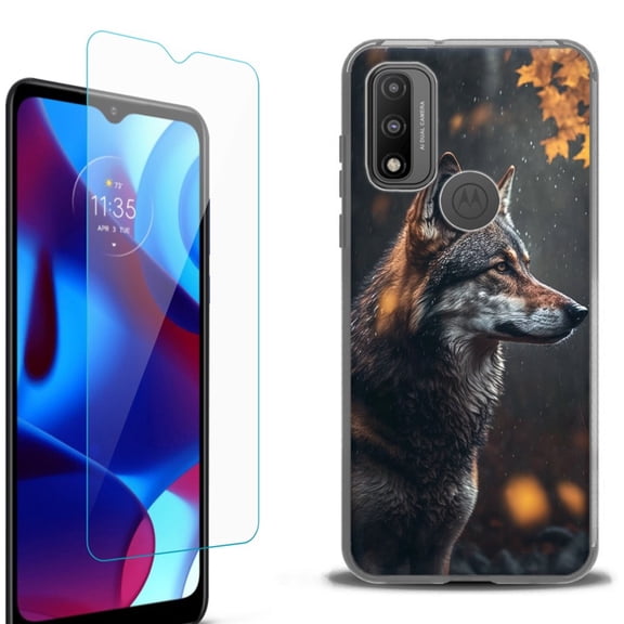 Slim-Fit Fashion Phone Case for Motorola Moto G Pure, with Tempered Glass Screen Protector, by OneToughShield ® - Wolf Autumn