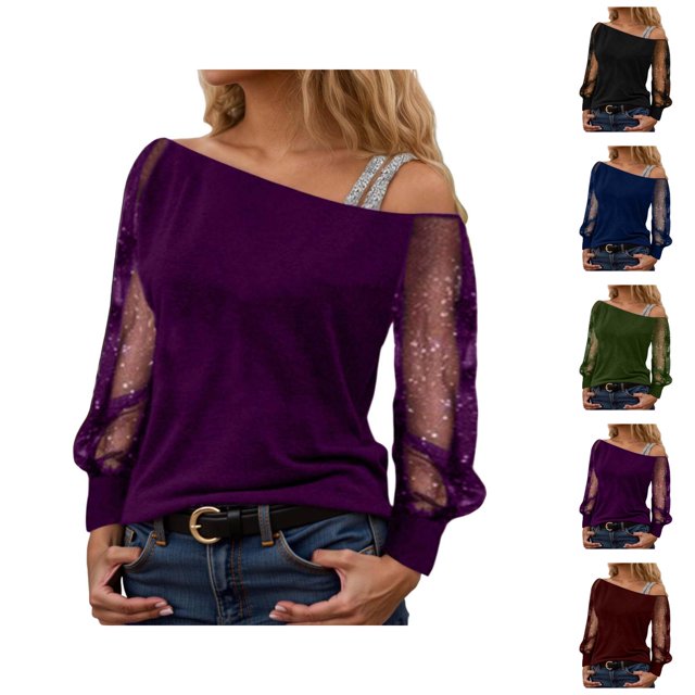 Sparkle Tops for Women 2026 Spring Fashionable Y2K Long Sleeve Off Shoulder Mesh T Shirts Going out Tops Rave Outfit
