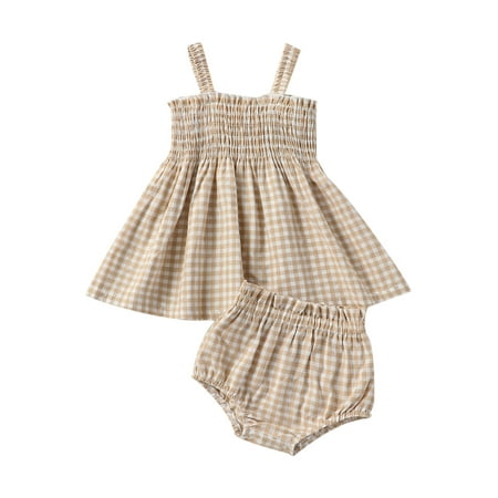 

aturustex Infant Baby Girls Summer 2PCS Outfit Sets Sleeveless A-line Camisoles + Plaid PP Shorts 0-24 Months