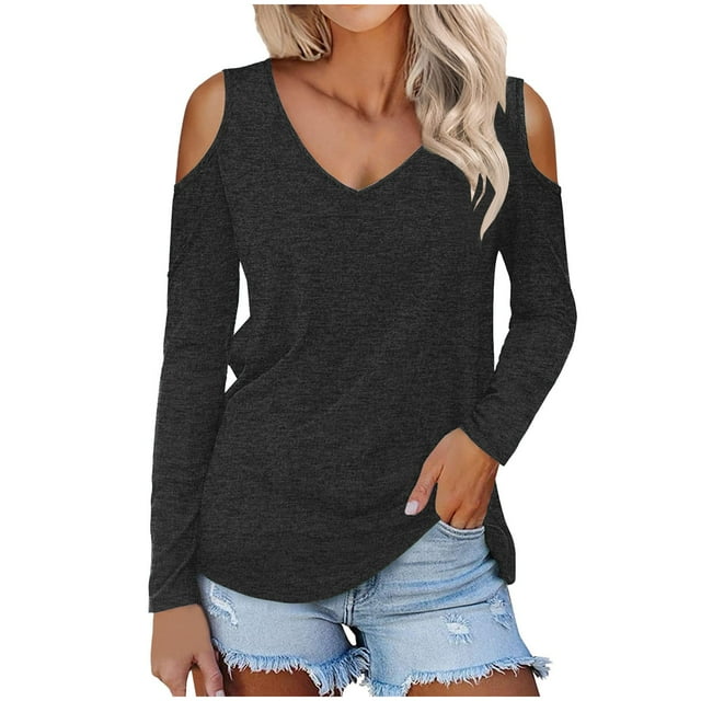 Yuyuzo Women Long Sleeve Tops Cold Shoulder V Neck Shirts Solid Color Loose Basic Tees Top