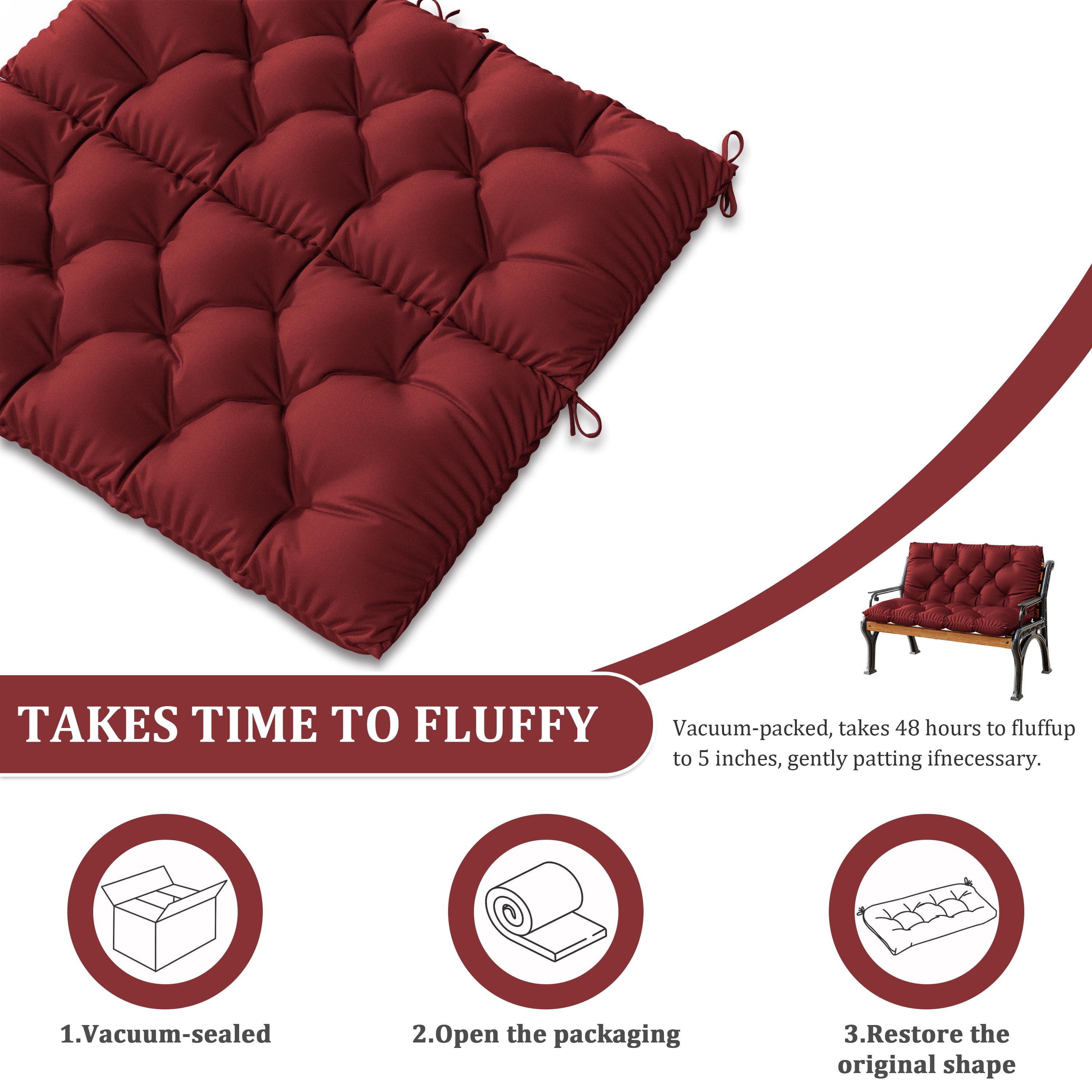 Kimunuk Outdoor Porch Swing Cushion, 40" X 40" X 5" Waterproof Bench Chair Replacement Cushion with 6 Ties for Patio, Burgundy