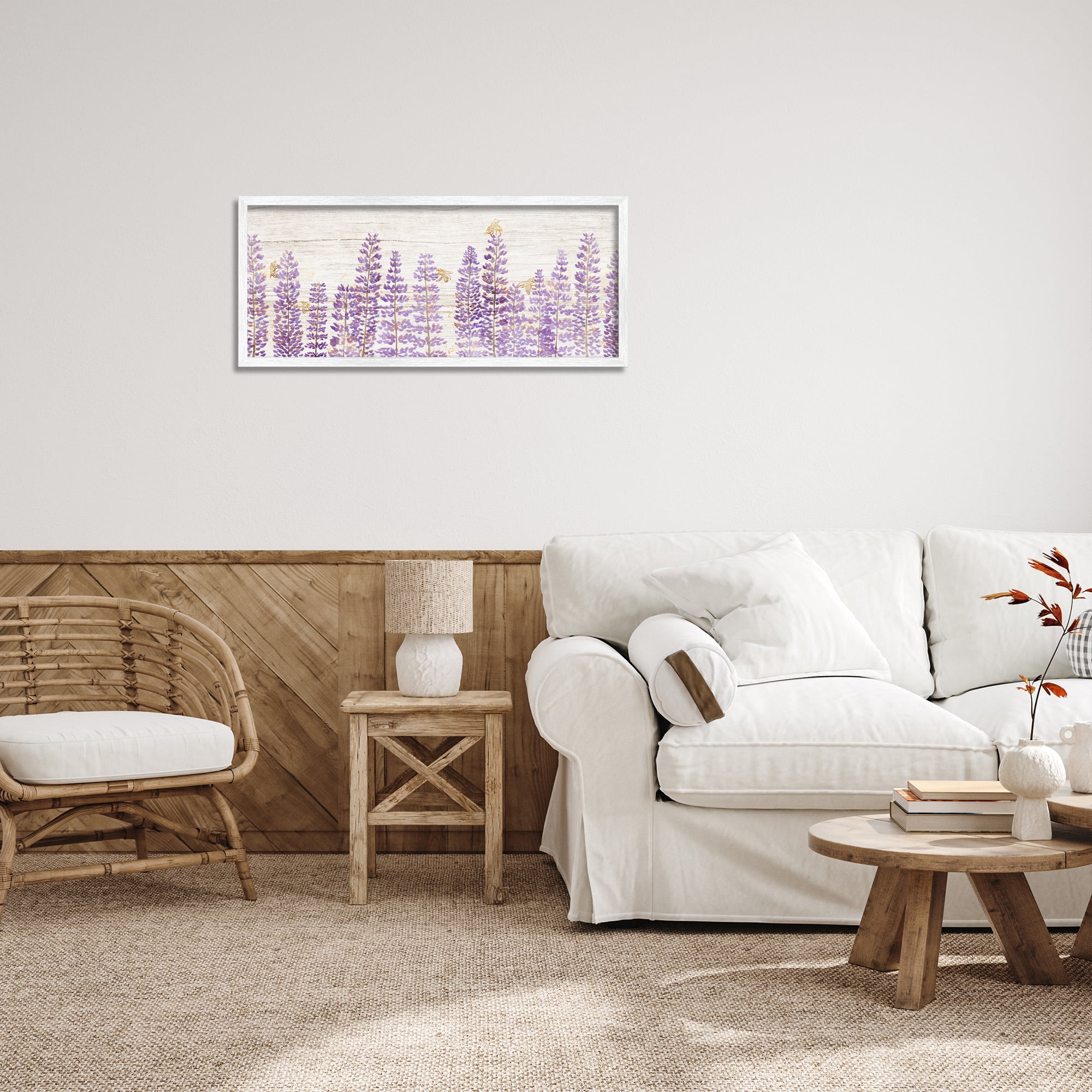 Stupell Industries Rustic Purple Lilacs & Bees Botanical & Floral Painting White Framed Art Print Wall Art, 30 x 13