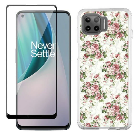 Slim-Fit Protective Phone Case compatible with Motorola Moto One 5G UW, with Tempered Glass Screen Protector, by OneToughShield ® - Floral/Rose