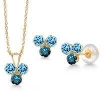 Gem Stone King 14K Yellow Gold Swiss Blue Topaz and Blue Diamond 3 Stone Pendant and Earrings Jewelry Set for Women (1.20 Cttw, Round 3MM, with 18 inch Chain)