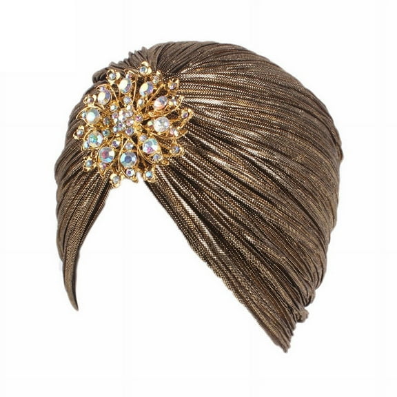 Nvzi Women's Ruffled Turban Hat Sequin Twist Curls Stretch Turban with Removable Crystal Brooch (Dark Gold)