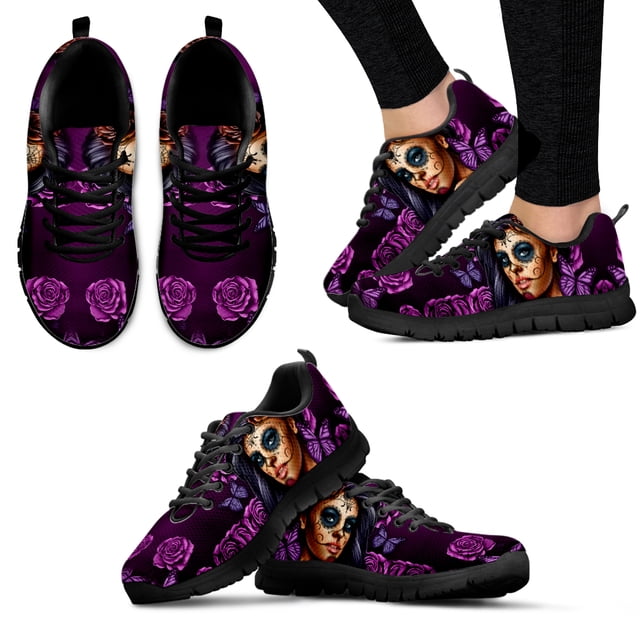 Zapatillas deportivas con estampado de calavera de azúcar azul para niña, zapatos cómodos y transpirables con estampado de rosas en 3D y mariposas, zapatillas informales para mujer