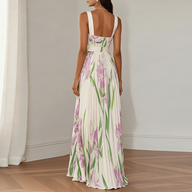 Womens Summer Dresses, Floral Pleated Chiffon Maxi Dress, Square Neck Sleeveless High Waist Flowy Vacation Dress Purple XL