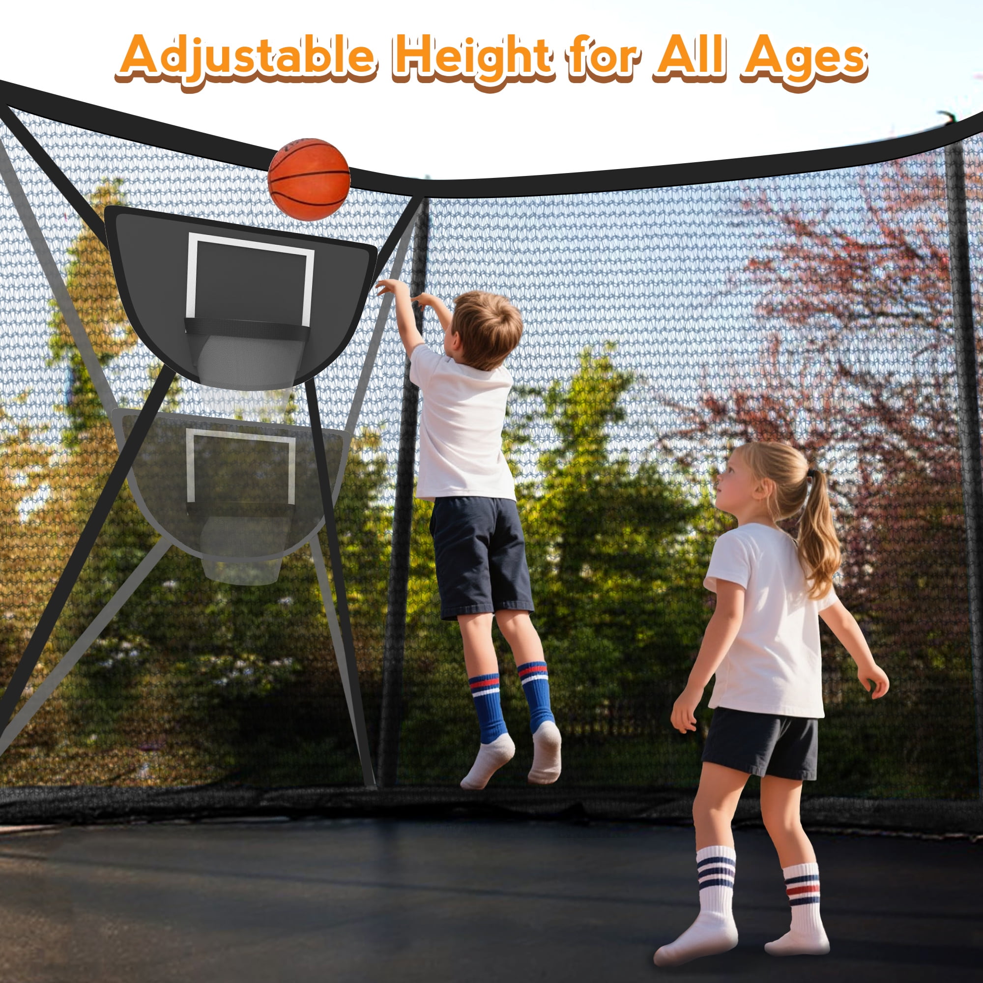 KOFUN Trampoline 12FT with Basketball Hoop for Kids and Adults, Capacity 1200LBS, Outdoor Backyard Trampoline with Enclosure Net, Ladder, Light, Black