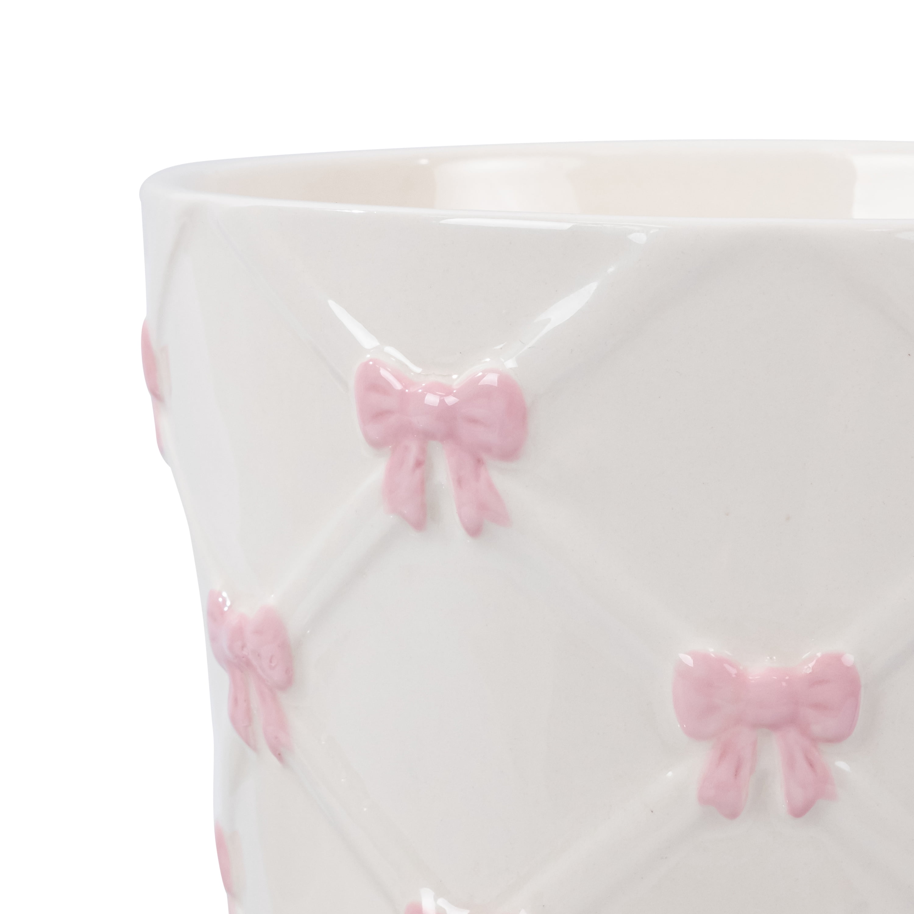 Mainstays Round Ceramic Bow Planter, Cream and Pink, 6.25 in x 6.25 in x 6 in