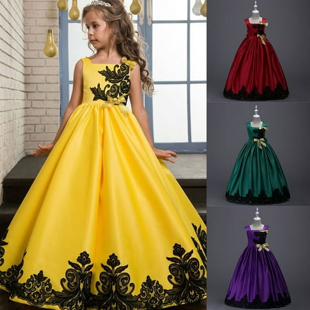 BOBORA 4-15Y Girls Sleeveless Bowknowt Flower Embroidered Formal Ball Gown Performance Full Length