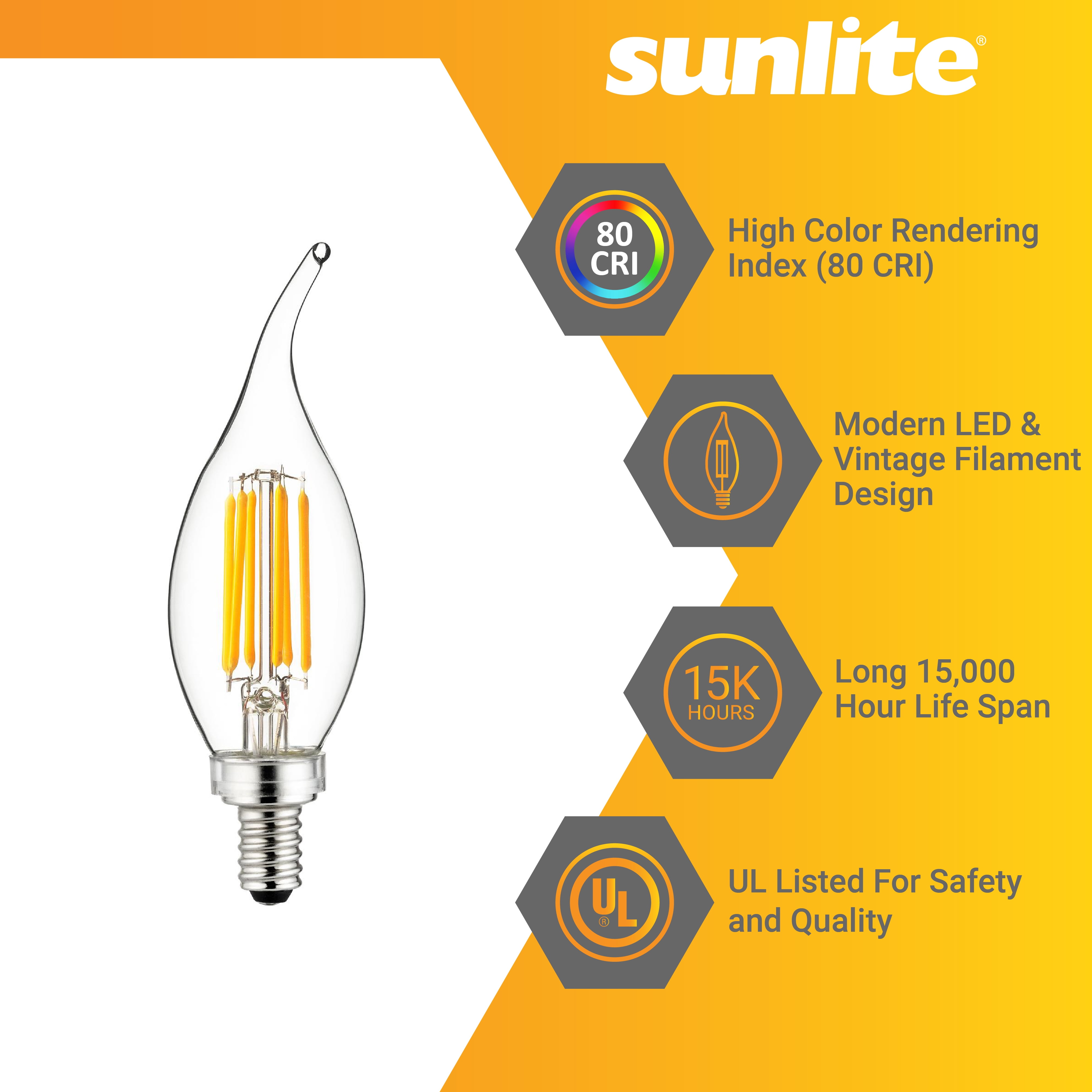 Sunlite LED Filament CA11 Flame Tip Chandelier Light Bulb 5 Watts (60W Equivalent), Candelabra E12 Base, Dimmable, UL Listed, 2700K Warm White, 6 Pack