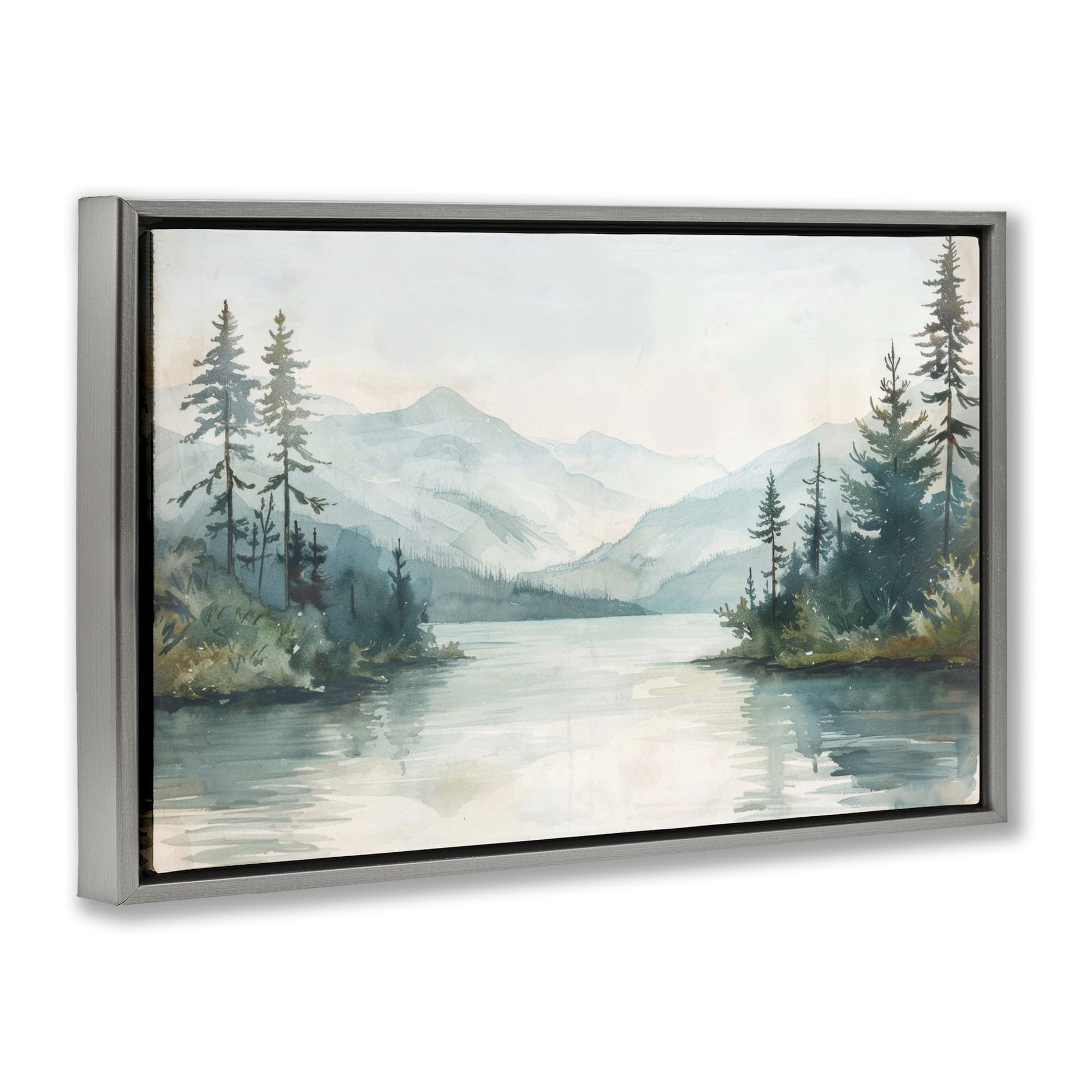 Stupell Industries Mountain Lake in Springtime Landscape & Nature Painting Gray Floater Framed Canvas Art Print Wall Art, 31 x 21