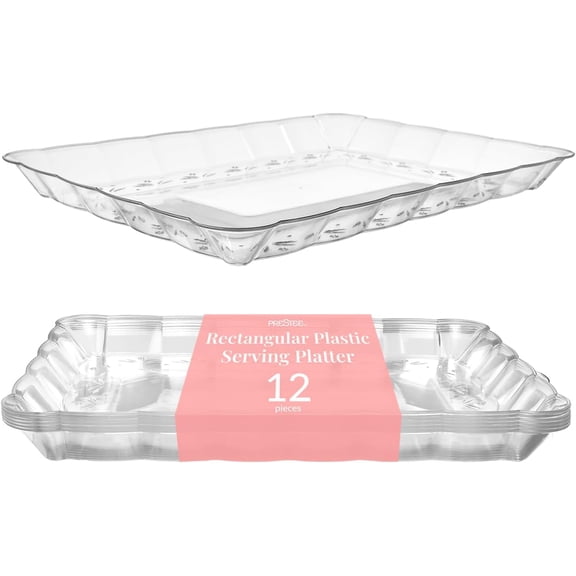12-Pack Serving Tray - 9x13 Inches Disposable Rectangular Plastic Food Tray for Parties and Events - Clear Platters for Dessert Table Displays, Appetizers, Snacks, and More