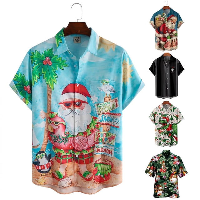 Camisas hawaianas de manga corta para hombre, estilo playero Aloha, con estampado navideño de Papá Noel, informal, con botones, para verano