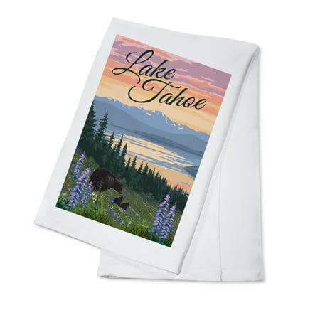 

Lake Tahoe Black Bear and Cubs with Flowers (100% Cotton Tea Towel Decorative Hand Towel Kitchen and Home)