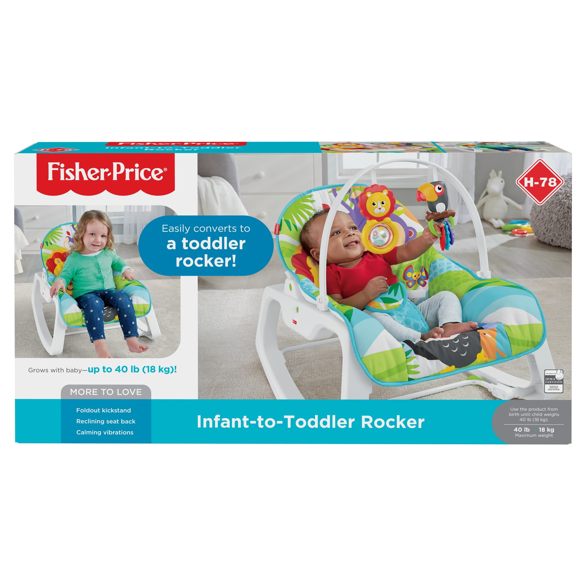Fisher Price Infant To Toddler Rocker Green Jungle with Removable Bar