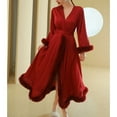 thumbnail image 4 of Defitshape Women's Long Robe Satin Luxury Faux Fur Trim Bridal Robes Silk Bathrobe Summer Long Sleeve Bridesmaid Sleepwear Bride Red Large, 4 of 4