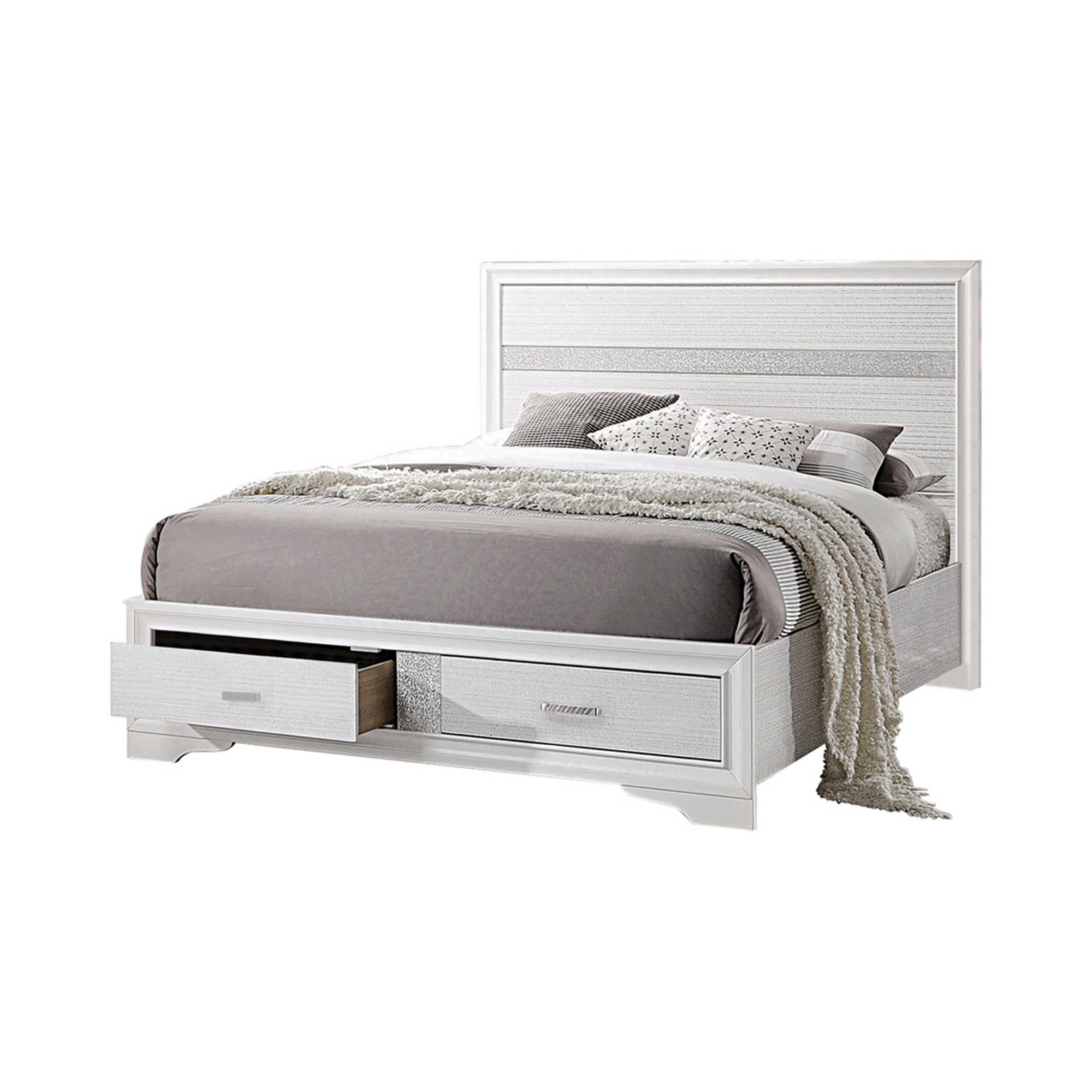 Contemporary Queen Bed with Drawers and Glittering Stripes, White