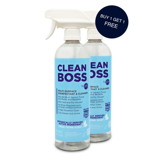 CleanBoss Botanical Disinfectant - 24 oz Pack of 2 - Multi-Surface Cleaner - Kills 99.9% of Germs + Cold & Flu Viruses - Fresh Thyme Scent - No Rinse on Food Contact Surfaces - Pet Friendly