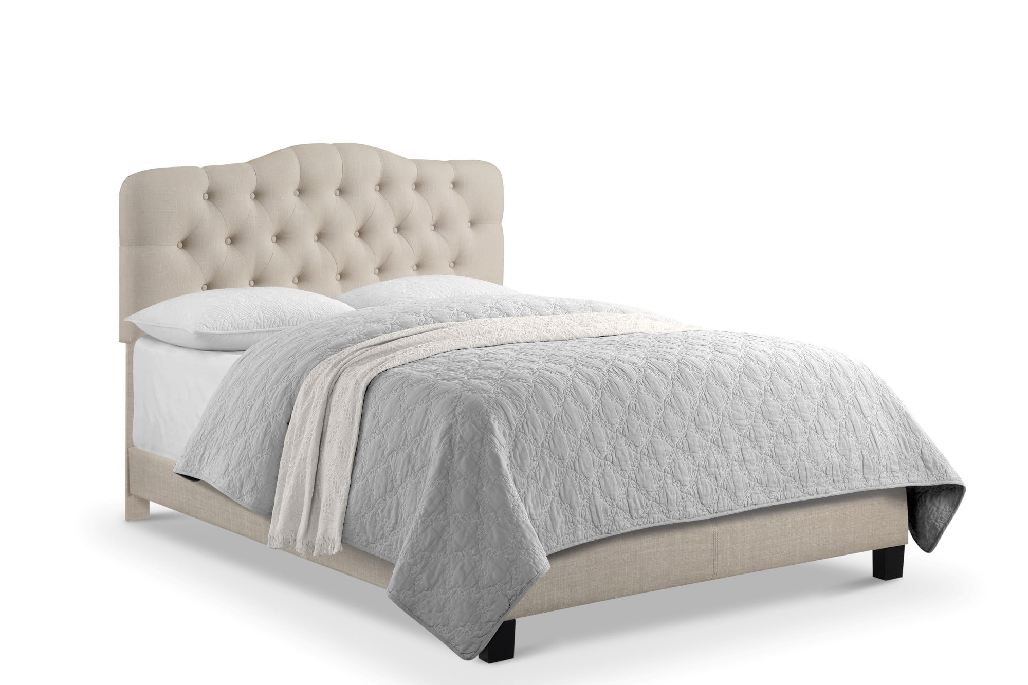 Gewnee Beige King Platform Bed,Linen Fabric Padded Headboard,Solid Wood Slat Support & Sturdy Construction,Ideal for Bedroom,Box Spring Required