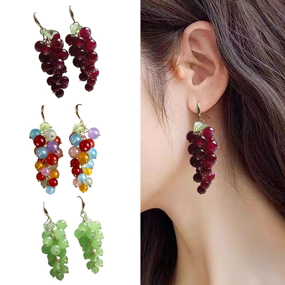 batmeuy 1 PC Grape Cluster Earrings Women Hook Earrings Fruit Earrings Faux Crystal Hanging Earrings Party Club Dangling Earrings