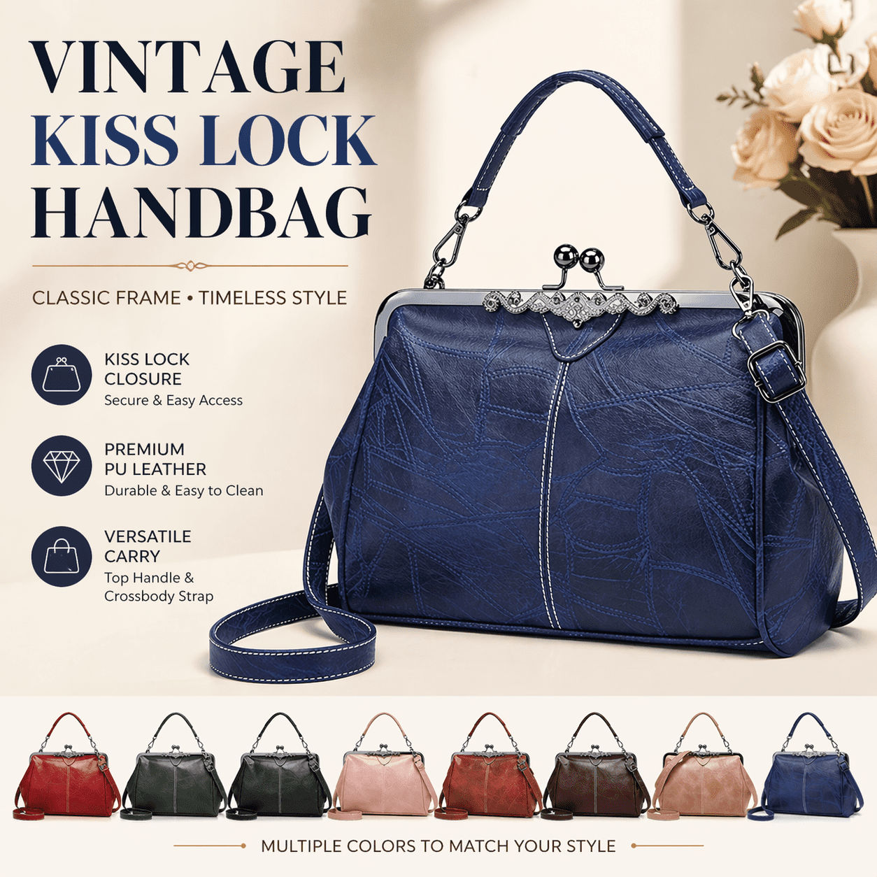 Kiss Lock Tote Handbag for Women, Vintage Frame Purse with Top Handle & Crossbody Strap, Structured Leather Shoulder Bag for Work, Daily, Travel