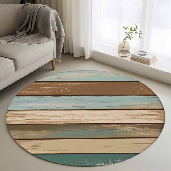 Round Rugs 3.3Ft, Blue Brown Green Farmhouse Round Area Rug Washable Indoor Throw Carpet, Retro Vintage Wood Soft Non Slip Circle Rug for Laundry Room Patio Home Decor Aesthetic
