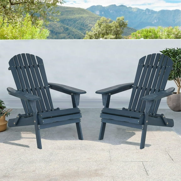 Dkelincs Folding Adirondack Chair Set of 2, All-Weather Lawn Chairs with Wide Armrest Solid Wood Accent Lounge Chair Outdoor Patio Deck Fire Pit Chair, 350 lbs, Navy Color