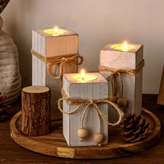 Rustic Flameless LED Candles 3-Pack, Battery Operated Candles with Wooden Candle Holders, White Rustic Farmhouse Decor, Farmhouse Candle Holder for Valentines Holiday Party Home Decor
