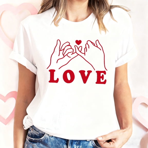 Women's Valentine's Short Sleeve T-Shirt Happy Day Heart Print Crewneck Top for Romantic Gatherings White S