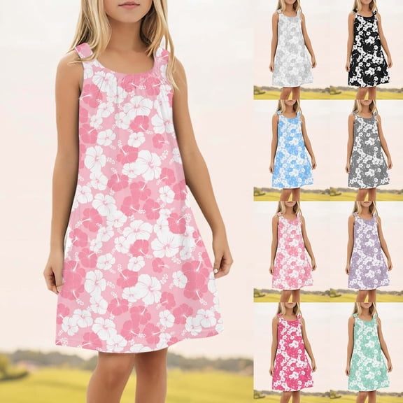 Gunia Teen Girls Hawaiian Dress Flower Swim Cover Up Sleeveless Tank Dresses Sundress For Holiday Beach Pink Dress For Girls 4-14 Years
