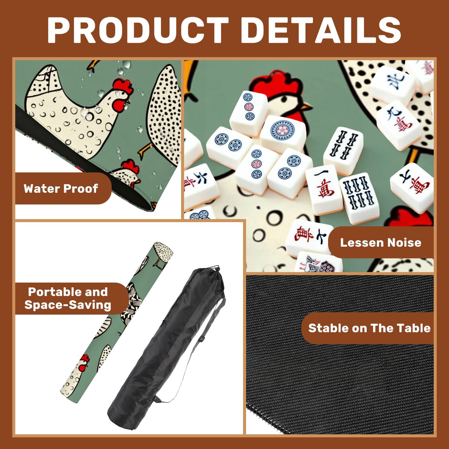 Mahjong Mat 31.5" x 31.5" seamless hand drawn chickens Beautiful ink drawing Non-Slip Noise Reduction American Mahjong Tiles Table Cover for Dominoes Poker Card Board Games Gift