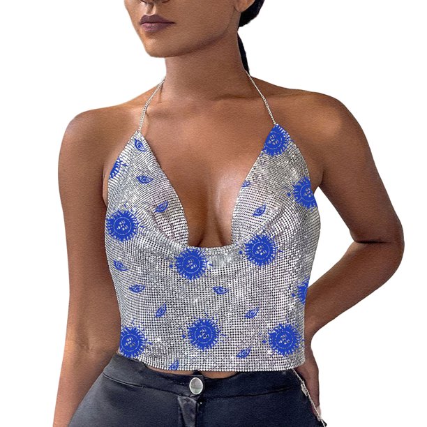 Recortada camisetas sin mangas para las mujeres de impresión para mujer Ropa sexy Rebordear Ajustable Sin mangas Sin espalda Halter Crop Top Club Vintage Tank Tops (F, M)