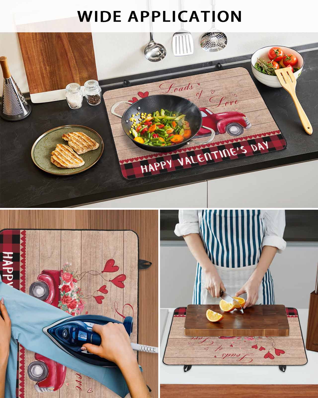 Large Induction Cooktop Protector Mat Valentine's Day Stove Top Covers for Electric Stove, Red Love Heart Roses Romantic Truck Wooden Decorative Stove Burner Cover Mats, Glass Top Stove Cover