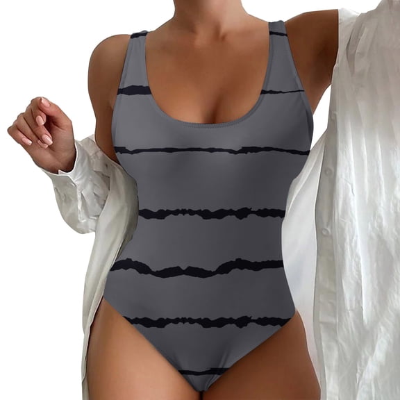 Baqcunre Women One Piece Swimsuit Solid Ribbed Monokini Swimwear Scoop Neck Low Back Waistband Bathing Suit with Chest Pads Gray L