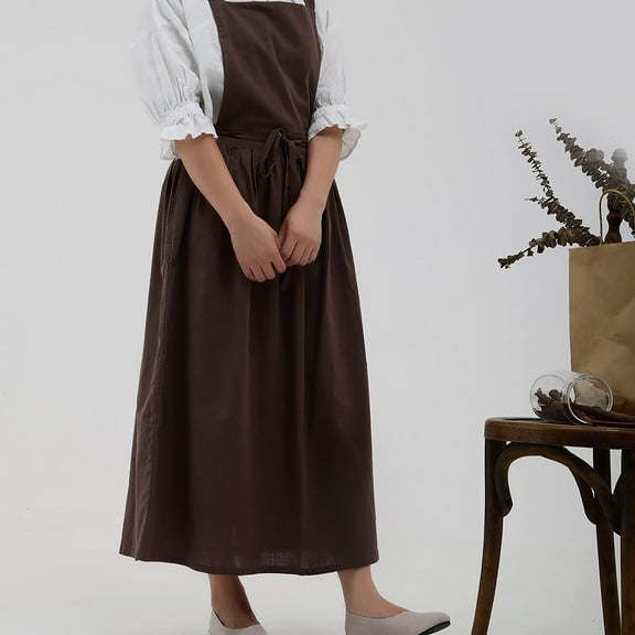 Cotton Linen Cross Back Apron for Women with Pockets for Cooking Painting Mud Brown Without Waist Ties