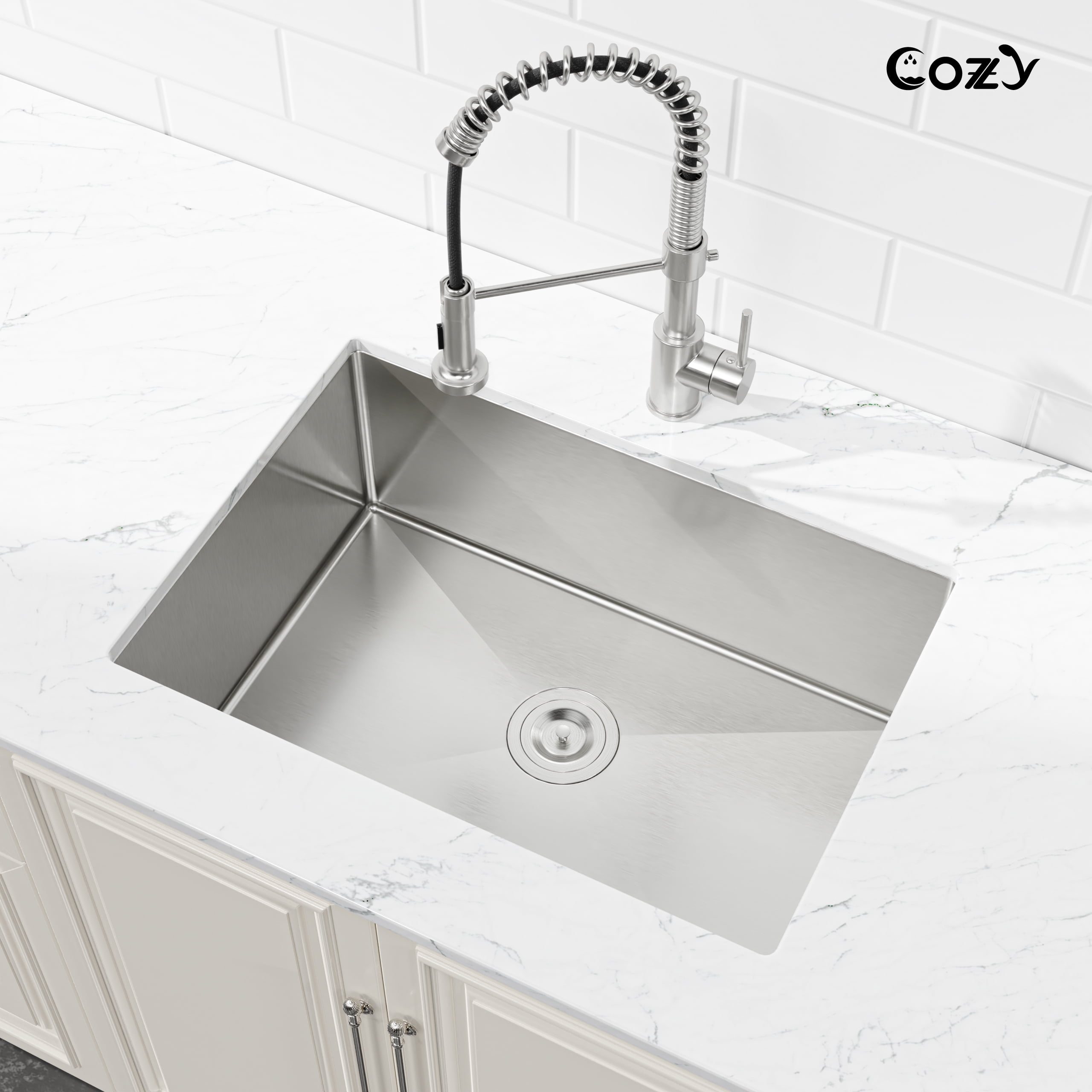 27″x19″ Stainless Steel Kitchen Sink, Single Bowl, Undermount Handmade Sink in Brushed Nickel, with US Standard Drain and Hook, SS-BR04D-271908