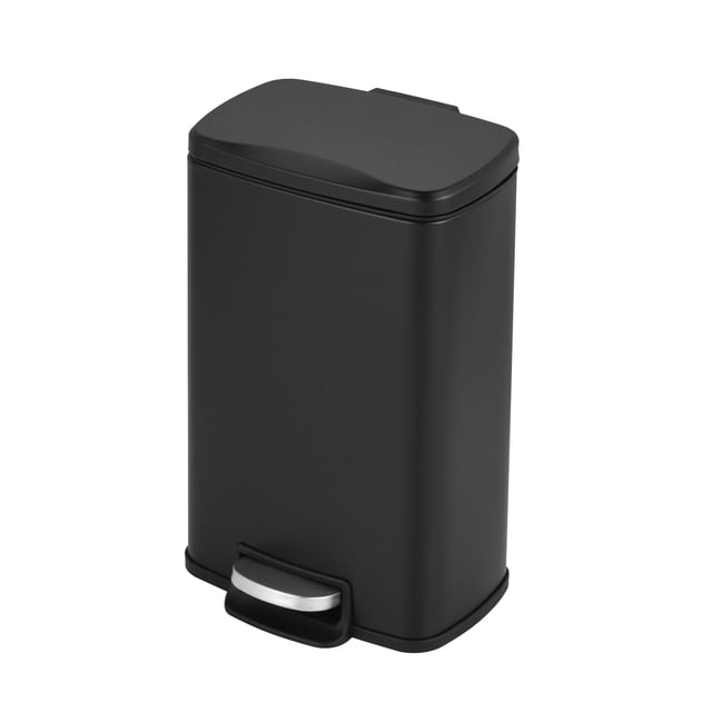 Innovaze 1.3 Gal./5 Liter Rectangular Matt Black Step-on Trash Can, a stylish garbage bin with a hands-free foot pedal, quiet slow-close lid, and removable inner plastic bucket. Made of durable carbon steel with a powder-coated matte black finish, it features a non-skid base and a large handle for easy lifting and moving. Suitable for bathrooms and offices.