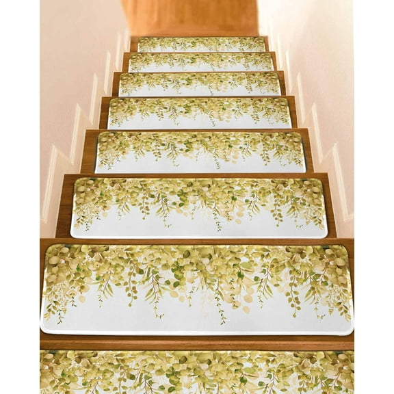 Yellow Eucalyptus Leaves Stair Treads for Wooden Steps Indoor Runner Rug Carpet, Spring Floral Summer Botanical 7 Pieces Peel and Stick Staircase Step Treads Covers Washable Throw Door Mats, 30"x8"