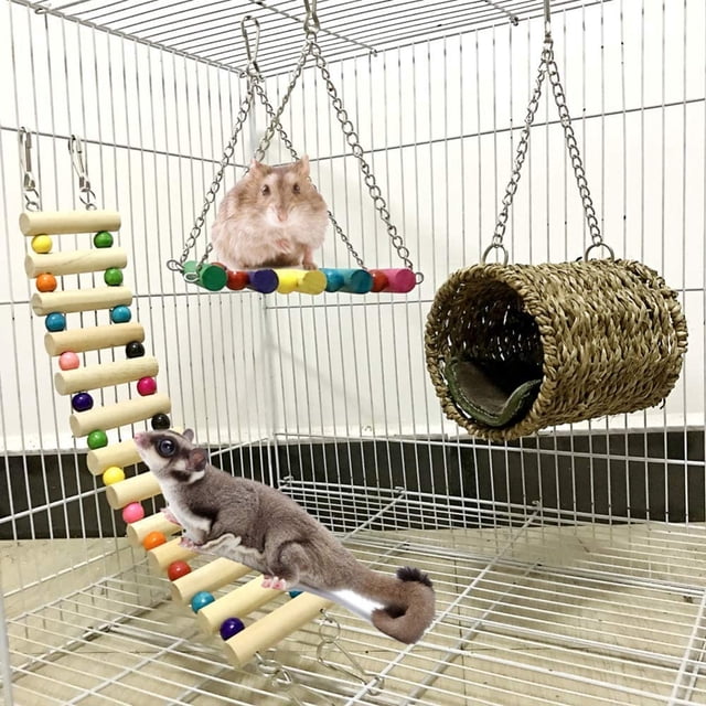 Juguete para hámster, juego de 3 juguetes para loros o perros. Escaleras de puente, juguete columpio, hamaca encaramada para hámster, ardilla, hurón, conejillo de Indias, accesorio para loro JFHHH pequeña